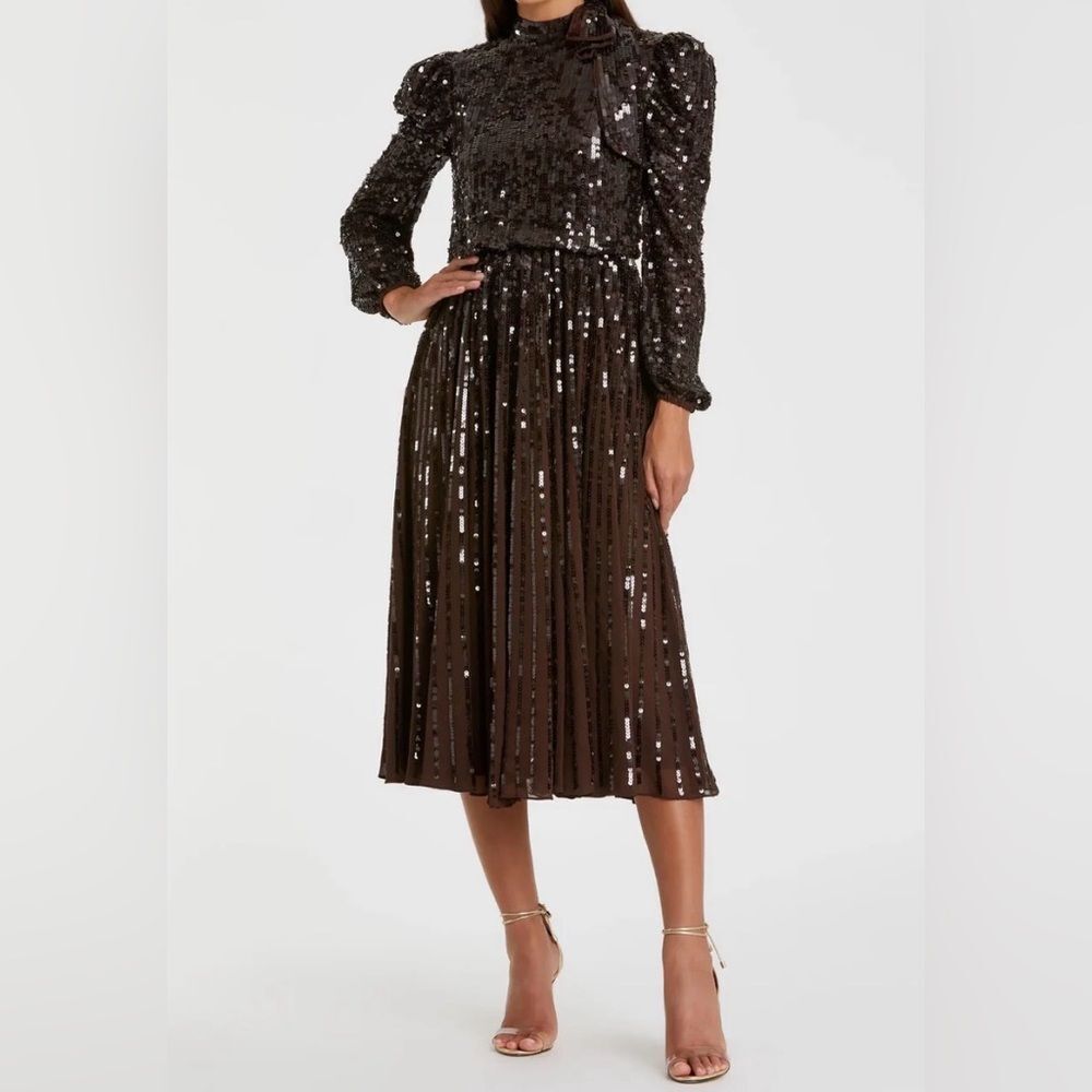 Mac Duggal Brown  Sequin Long Puff Sleeve Pleated Midi Dress NWT Size 2